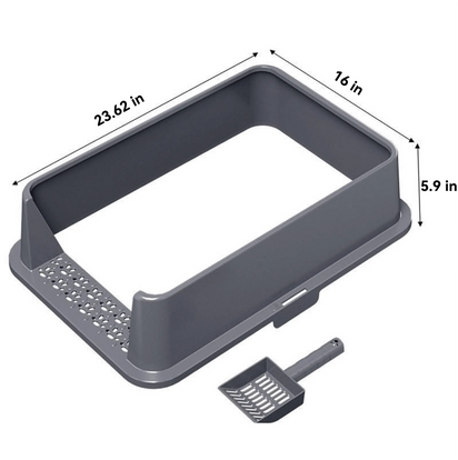 Gray cat litter box with dimensions and a scoop on a white background