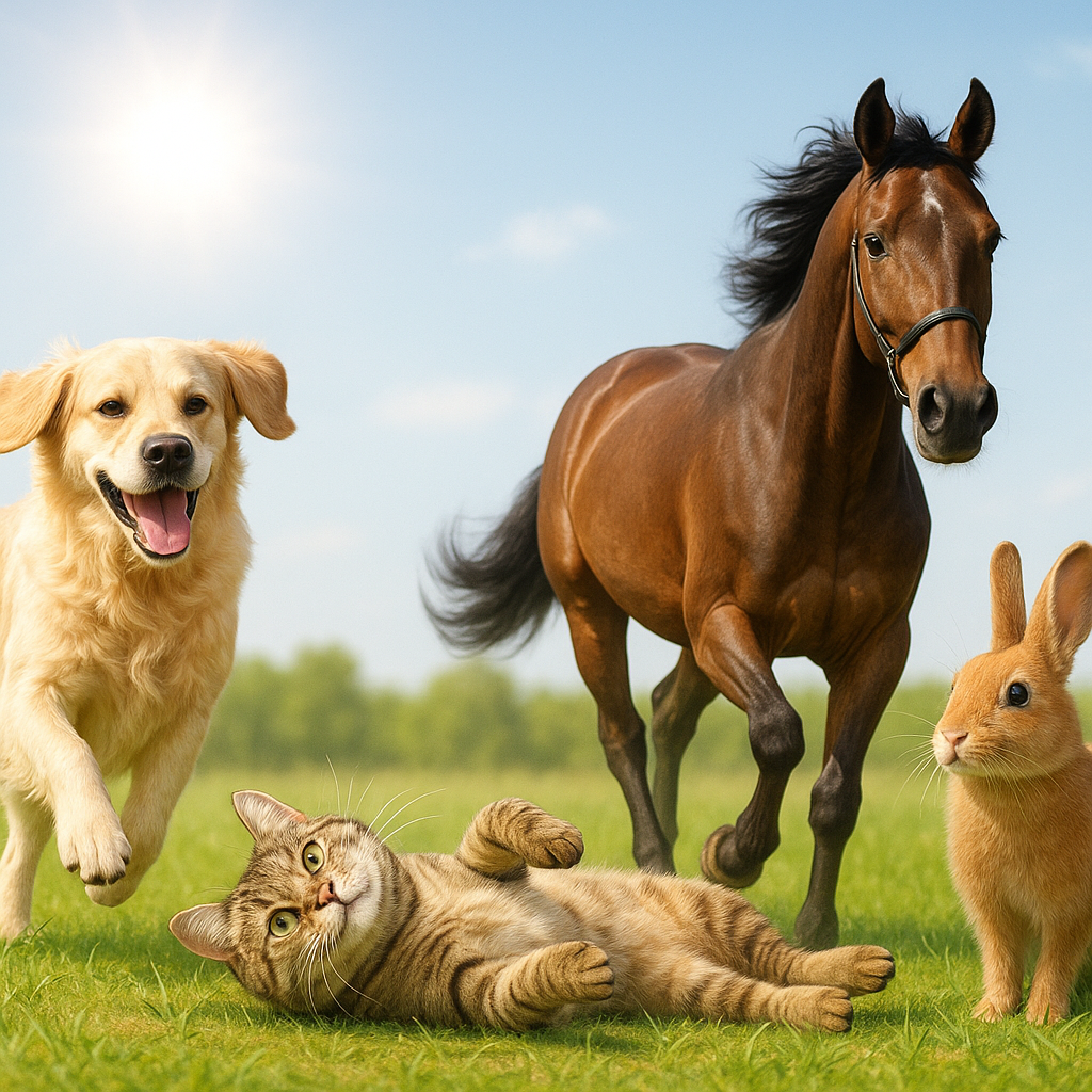Dog, cat, horse, and rabbit running together on grass with a blue sky.