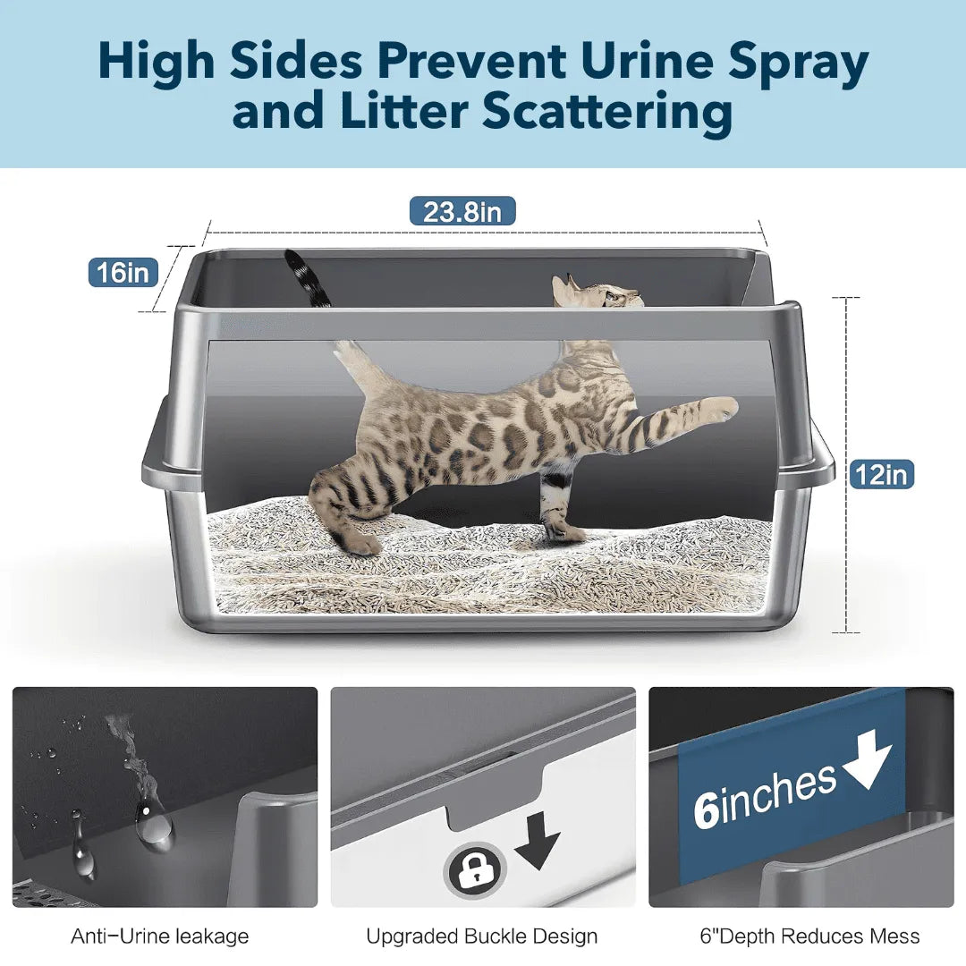 Cat litter box with dimensions and features highlighted, showing a cat using the litter box.