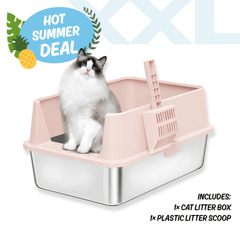 Cat sitting in a pink and clear cat litter box with a 'Hot Summer Deal' label.