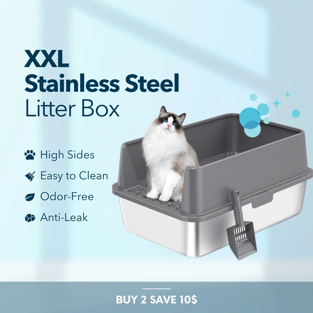 XXL Stainless Steel Litter Box with a cat sitting inside