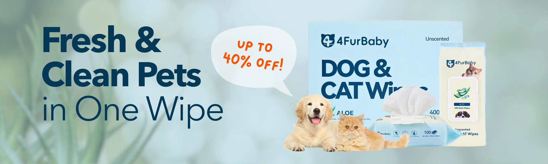 Promotional banner for 4FurBaby dog and cat wipes with a dog and cat illustration