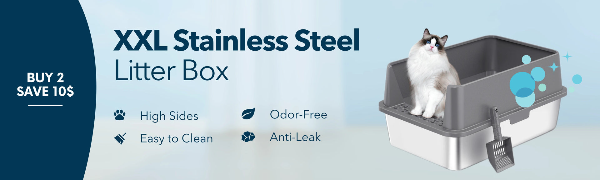 XXL Stainless Steel Litter Box with a cat sitting inside on a light blue background