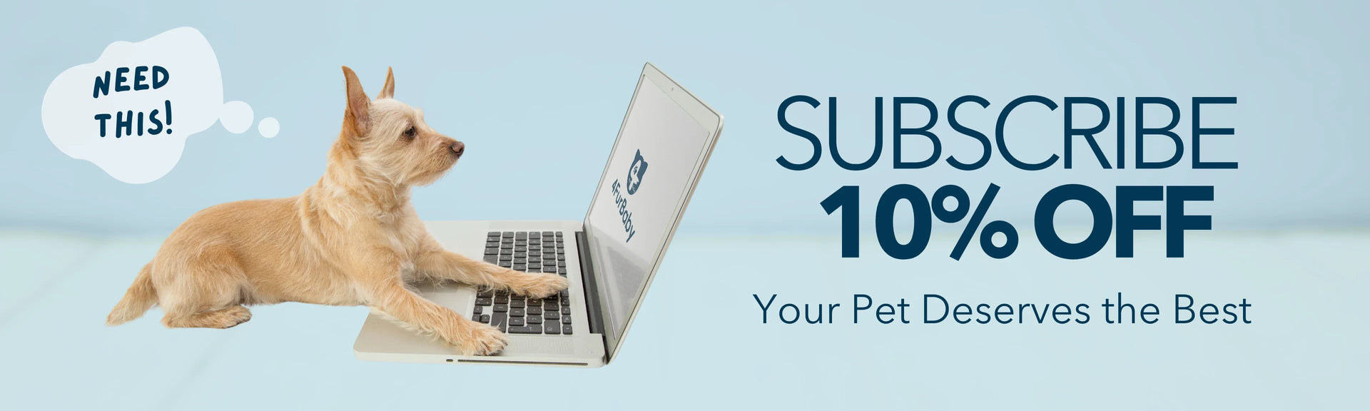 Dog using a laptop with promotional text about subscribing