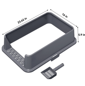 Gray cat litter box with dimensions and a scoop on a white background
